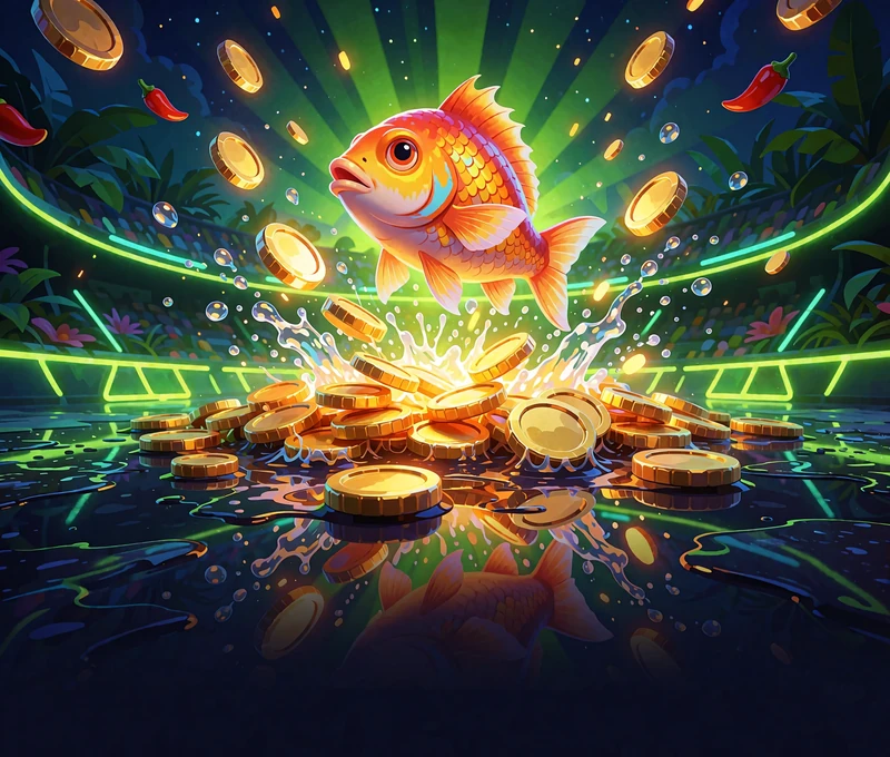 Pomarańczowa ryba wyskakująca z zielonej wody wśr&oacute;d złotych monet - kategoria slot&oacute;w Hold and Win
