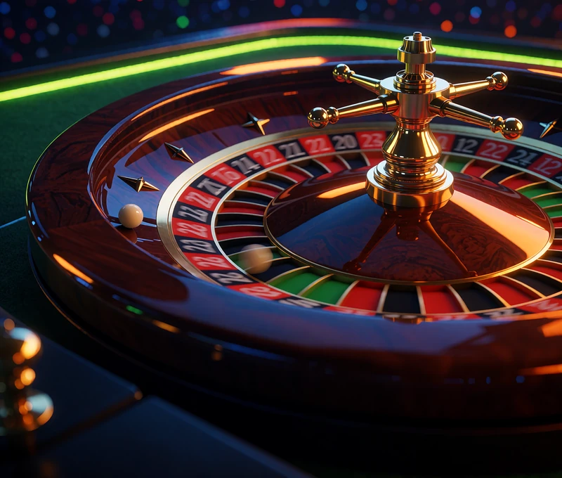 Zbliżenie na kręcące się koło ruletki z mosiężną wieżyczką i kulką przy krawędzi - live casino w Golisimo