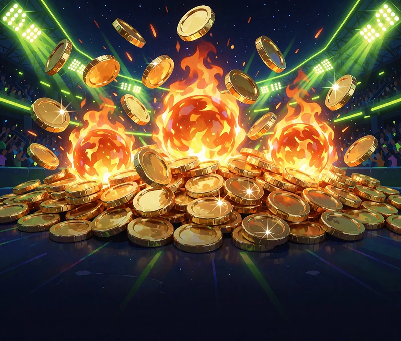 Eksplodujący stos złotych monet i płonących pomarańczowych kul na granatowym tle - sloty Hold and Win w Golisimo