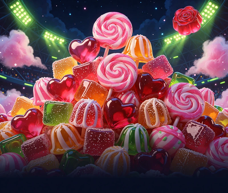 Piramida błyszczących lizak&oacute;w i żelek w r&oacute;żowych chmurach - grafika slotu Sugar Rush 1000 w Golisimo Casino