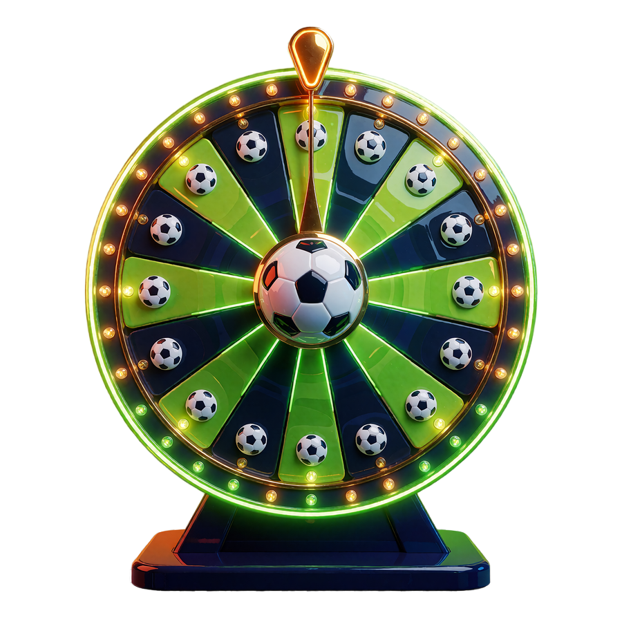 Zielono-granatowe koło nagr&oacute;d z piłką w środku i złotym wskaźnikiem - Wheel of Fortune w kasynie